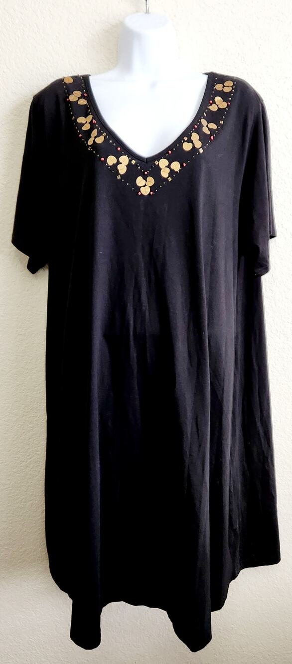 Kim Rogers Intimates Black Beaded Lounge Dress 2X Plus Lightweight Soft Stretch